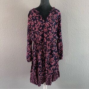 Draper James Floral Fit & Flare Dress XL Navy Pink Long Sleeve